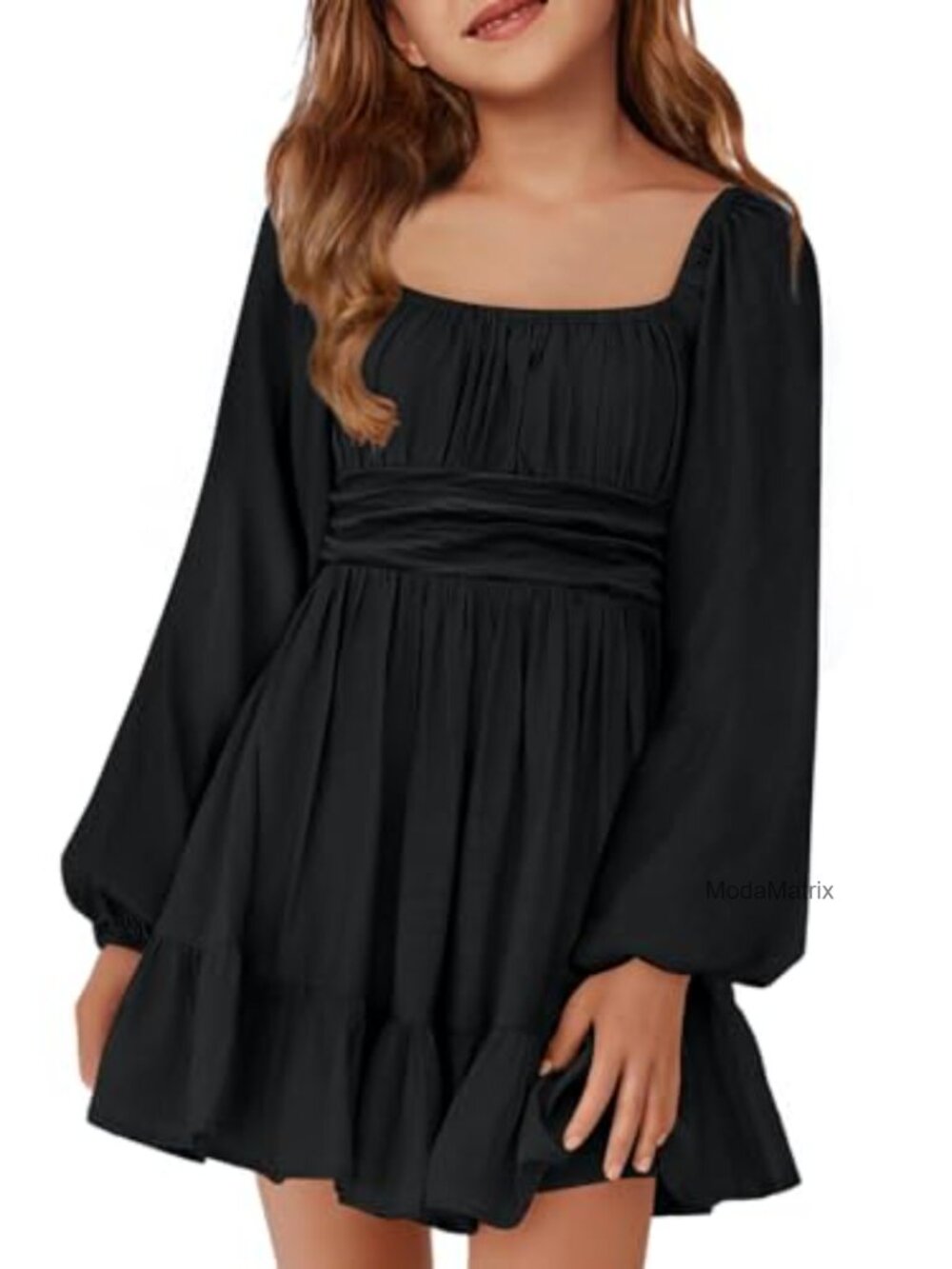 Girls Long Sleeve Tie Back Square Neck A-Line Mini Dress 5-14